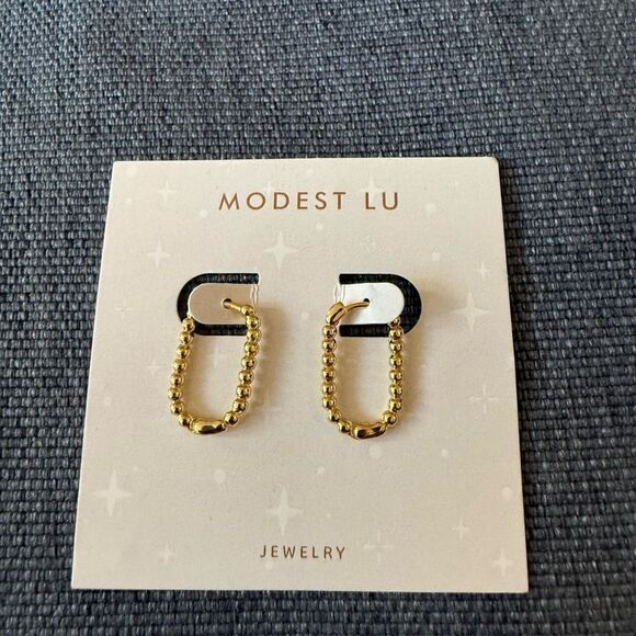 Modest Lu NWT U Shaped Bead Ball Pierced Ear Earrings. 18K Gold Plated. - Picture 1 of 4
